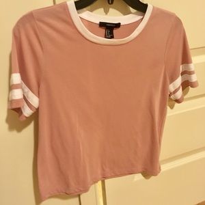 F21 Pink Ringer tee with white stripes on sleeves
